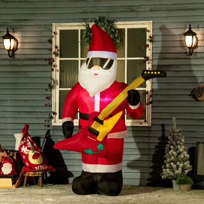 Outsunny kerstdecoratie, kerstman met elektrische gitaar, opblaasbaar, groot, inclusief blazer, 140 x 75 x 215 cm