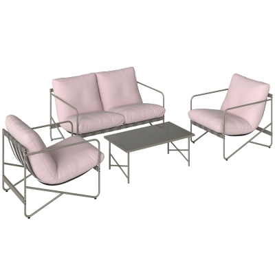 Outsunny Conjunto de Jardim de 4 Peças com Sofá de 2 Lugares 2 Poltronas Mesa de Vidro Temperado e Almofadas Grossas para Terraço Rosa