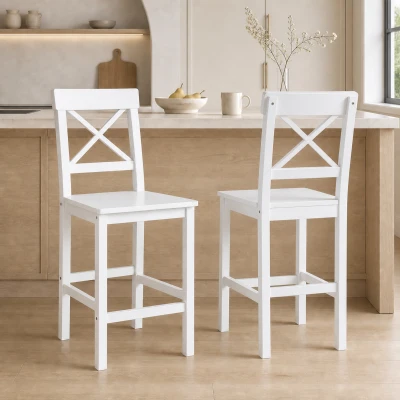 HOMCOM 2 Chaises Bar Bois 60cm Campagne Chic Blanc