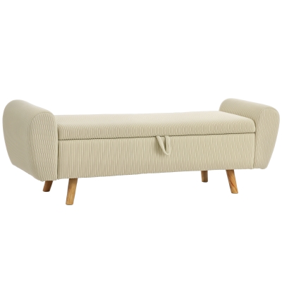 HOMCOM Banco Almacenaje 150 cm Tapizado en Pana Banco Pie de Cama con Brazos Redondeados y Patas de Madera Beige