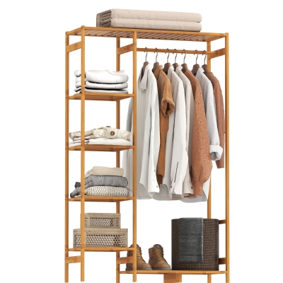HOMCOM Perchero de Pie de Bambú Perchero para Ropa con Estantes de Almacenamiento y Varilla Colgante 90x30x145 cm Natural