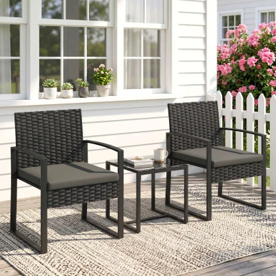 Outsunny Rattan bistroset, 3-delige tuinset met 2 stoelen, salontafel, afneembare kussens donkergrijs