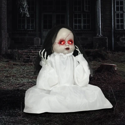 HOMCOM Halloween decoratie Horrorpop met LED-ogen die oplichten en beweegt bij het detecteren van beweging