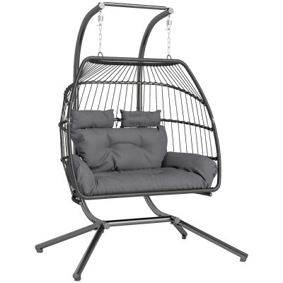 Outsunny Rattan Double Swing Chair with Stand Dark Grey