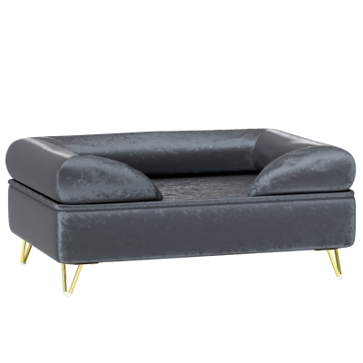 PawHut Canapé Chien Velours Gris Pieds Métal 76x53,5x34 cm