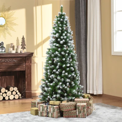 HOMCOM Kunstkerstboom, 630 Takken, 37 Dennenappels, Besneeuwde Punten, Brandvertragend, 180 cm