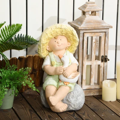 Outsunny kleine jongen met strohoed tuinbeeld 43 cm tuinornament voor tuin