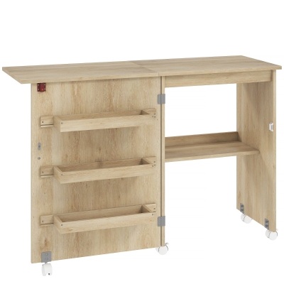 HOMCOM Table Couture Pliante Bois Naturel Rangement Roulettes
