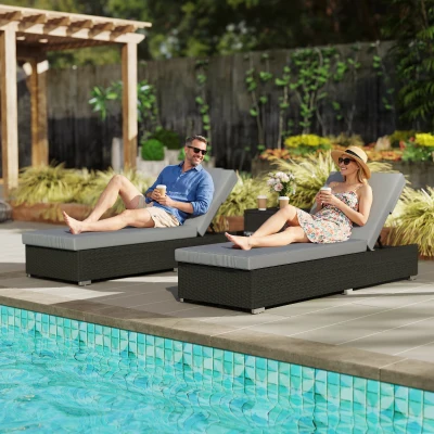 Outsunny Rattan Sun Loungers Set w/ Table, Cushions, Grey