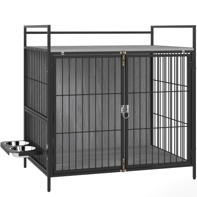 PawHut Dog Crate Furniture with Bowls & Doors Grey 80cm