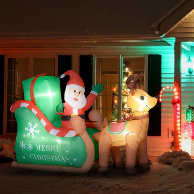 Outsunny Kerstman met Slee & Rendier, Opblaasbaar met Witte LED-Verlichting, 210 x 80 x 140 cm