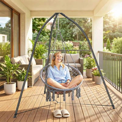 Outsunny Soporte para Silla Colgante Triangular con Cadena Ajustable Base Estable para Patio Jardín Carga 150 kg Negro