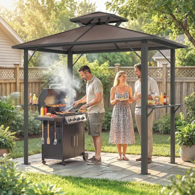 Outsunny Grillpaviljoen 2,5 x 1,5 m, waterdichte grilloverkapping met dubbel polycarbonaatdak, zijplank, bruin