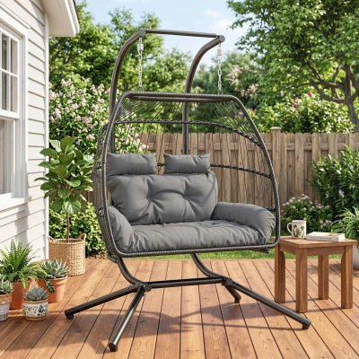Outsunny Rattan Double Swing Chair with Stand Dark Grey