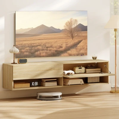 HOMCOM Mueble de TV Suspendido 2 Cajones Abatibles 2 Estantes Abiertos para Televisión 60 Pulgadas 140x32x31 cm Madera Natural