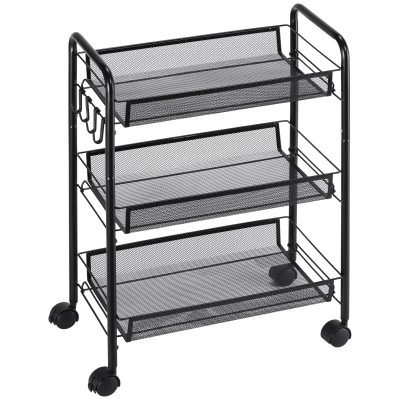 HOMCOM Carrinho de Cozinha em Aço com 3 Cestos e Rodas, Suporta 9 kg, Cozinha, Casa de Banho e Lavandaria 45x26,5x63 cm,  Preto