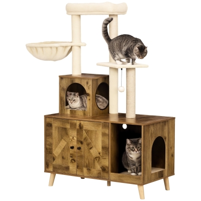 PawHut Cat Litter Box Enclosure with Tree Tower Rustic Brown