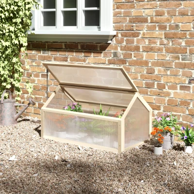 Outsunny Mini-broeikas, Compacte plantenkas van hout, Polycarbonaat platen, Ventilatieopening, 90L x 52B x 49,5H cm, Natuur