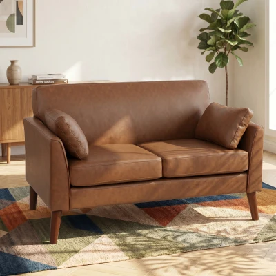 HOMCOM 2-Seater Modern Sofa Wood Legs Pillows Brown 132cm