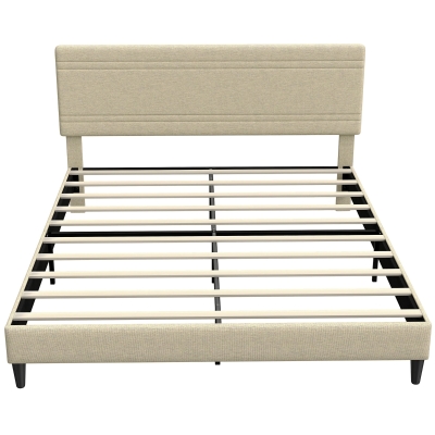 HOMCOM Estructura de Cama 160x200 cm con Somier de Madera Acolchada en Efecto Lino y 9 Patas de Acero Beige