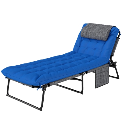 Outsunny Zonneligstoel met 4-Standen Verstelbare Rugleuning, Kussen, Zijvak, Hoofdsteun, 68 x 189 x 30 cm, Blauw