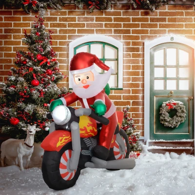 Outsunny Kerstman op motor, Tuindecoratie, LEDs, opblaasbaar, weerbestendig, 180 x 95 x 170 cm