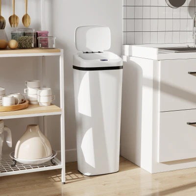HOMCOM Cubo de Basura Cocina Automático 50 L Estrecha de Acero Inoxidable con Sensor Infrarrojo Modo Manual Antihuellas Blanco