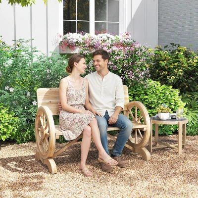 Outsunny Fir Wood 2-Seater Wagon Wheel Bench Natural