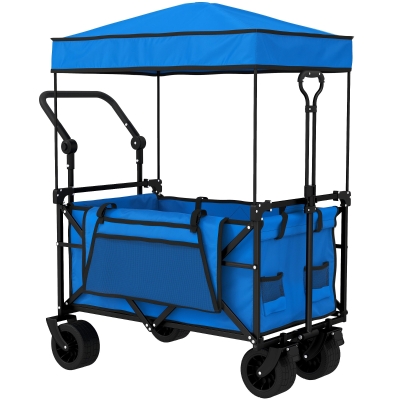 Outsunny Carro de Jardín Plegable con Ruedas Grandes Bloqueables Barra Ajustable Portavasos para Campaña 125x59x133 cm Azul