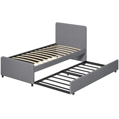 HOMCOM Single Bed Frame Pull-Out Trundle Upholstered Dark Grey