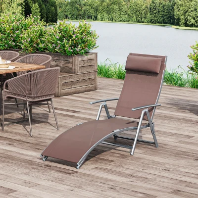 Outsunny ligbank strandbed ligbank voor buiten relax ligbed inklapbaar met kussen strand metaal + stof bruin 137 x 63,5 x 100,5 cm