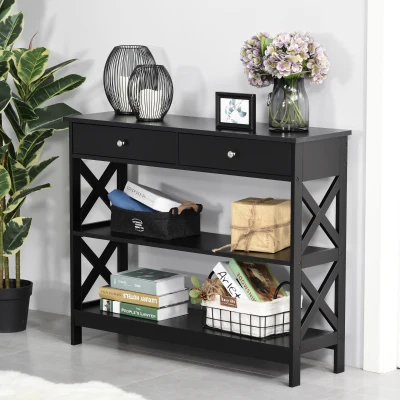 HOMCOM Console Table Black with Shelves & Drawers