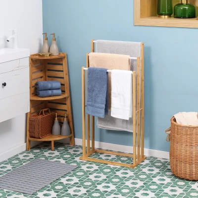 HOMCOM Toallero de Pie de Bambú con 3 Barras Toallero de 3 Niveles para Baño Lavadero 48x25,8x94 cm Natural