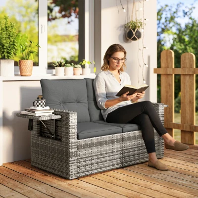 Outsunny Rattan 2-Seater Loveseat with Trays Dark Grey