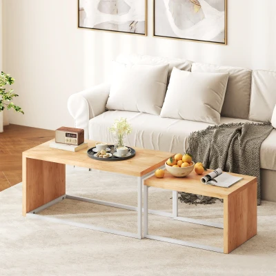 HOMCOM Juego de 2 Mesas de Centro Mesa Nido Moderna Marco de Metal para Salón 90x48x42 cm y 59x42x36 cm Natural y Blanco