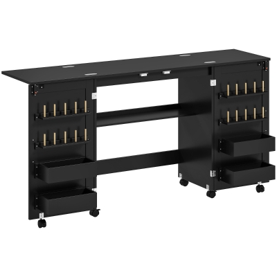 HOMCOM Mesa de costura dobrável, móvel de costura com rodízios, 2 portas magnéticas, 4 compartimentos, 20 ganchos, 160x40x83cm, preto