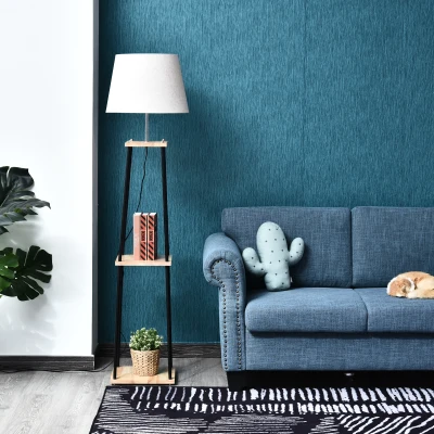 HOMCOM Lampadaire Bois Métal Noir 3 Étagères Lin Beige