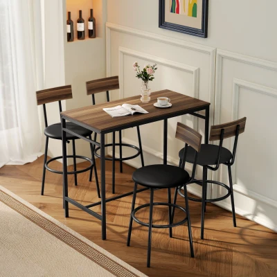 HOMCOM 5-delige Bartafelset met 4 Stoelen, Industrieel Design, voor Keuken, Eetkamer, Hout, Staal, Bruin