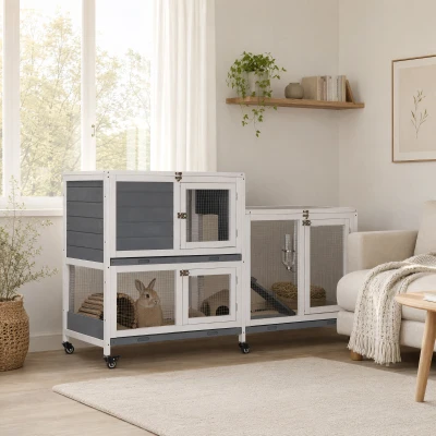 PawHut Clapier Bois Intérieur Roulettes Gris Blanc 147x45.5x88.5cm