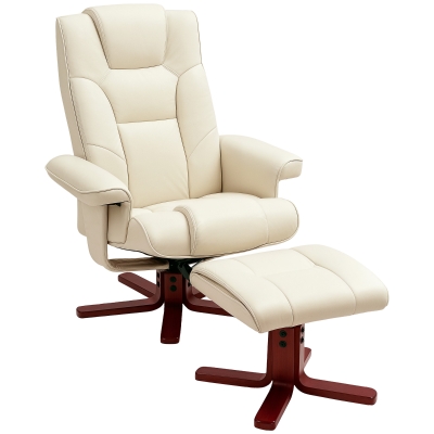 HOMCOM Recliner Chair Faux Leather Footstool Set Cream White