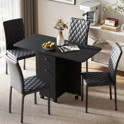 HOMCOM Folding Dining Table Set with Storage & 4 Chairs Black