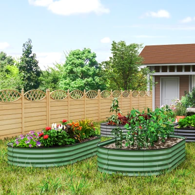 Outsunny 2-delige set verhoogde bedden voor tuin, outdoor-plantenbak met open bodem, rubberen rand, metaal, 181 x 93 x 30 cm, Groen