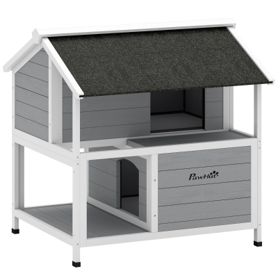 PawHut Outdoor-Katzenhaus, Katzenzuflucht für den Außenbereich, wasserfest, aufklappbares Dach, Fichtenholz, 80 x 93 x 95, Grau
