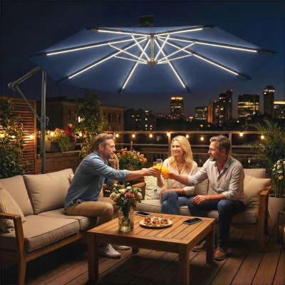 Outsunny Cantilever Parasol LED Solar 360° Navy Blue
