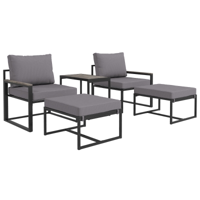 Outsunny Weerbestendige Stalen Tuinmeubelset voor 2 Personen Balkonset met 2 Stoelen, Zitkussens en Bijzettafel - Grijs
