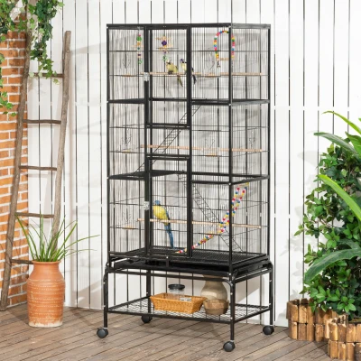 PawHut Jaula para Pájaros con Ruedas 83x53x180 cm Pajarera Metálica de 3 Niveles con 3 Perchas Comederos Juguetes Rampas Negro