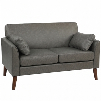 HOMCOM 2-Seater Modern Sofa Wood Legs Pillows 132cm Grey