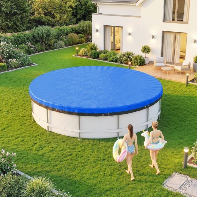 Outsunny Poolabdeckung rund Ø 450 cm staub- und wasserdichte Abdeckplane mit Sicherungsseil Spanner für Sommer & Winter, Blau