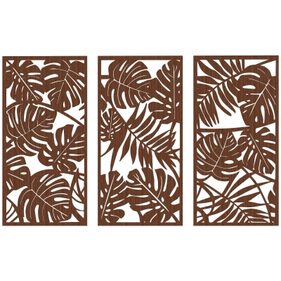 HOMCOM Decoración de Pared de Madera 3D 3 Piezas 40x80 cm Adornos de Pared con Patrón de Hojas Tropicales Nogal