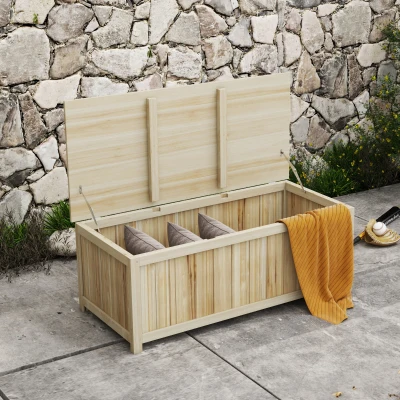 Outsunny Arcón Exterior de Madera 172 L Baúl Almacenaje con Tapa Abatible Resistente a la Intemperie para Jardín Madera Natural